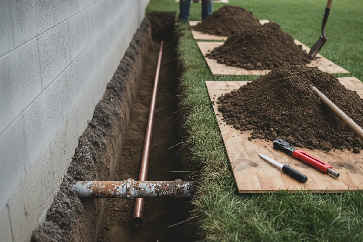 Excavated water line trench during Water Heater Repair in Pine